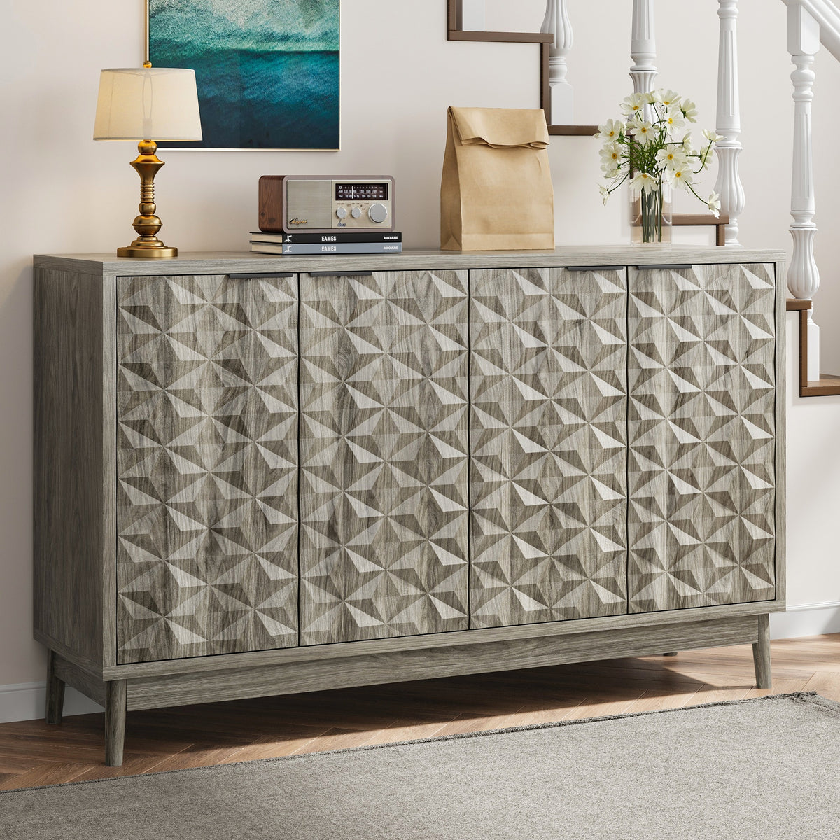 Nøordka Light Sideboard Default 55" Gray Mid Century Modern Buffet Cabinet with Diamond Carved Doors