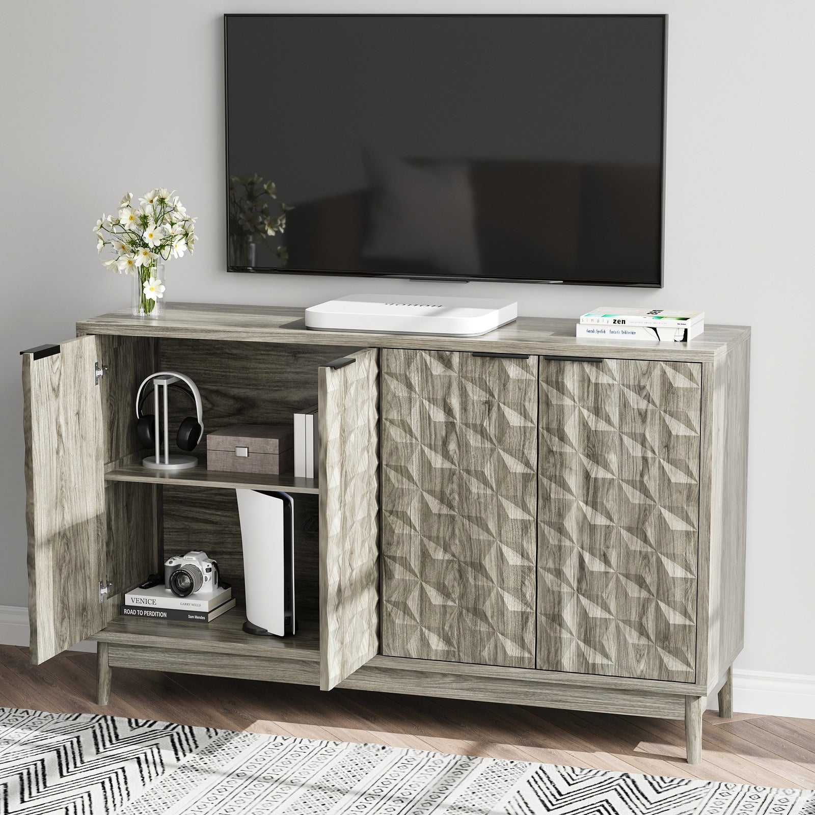 Nøordka Light Sideboard Default 55" Gray Mid Century Modern Buffet Cabinet with Diamond Carved Doors