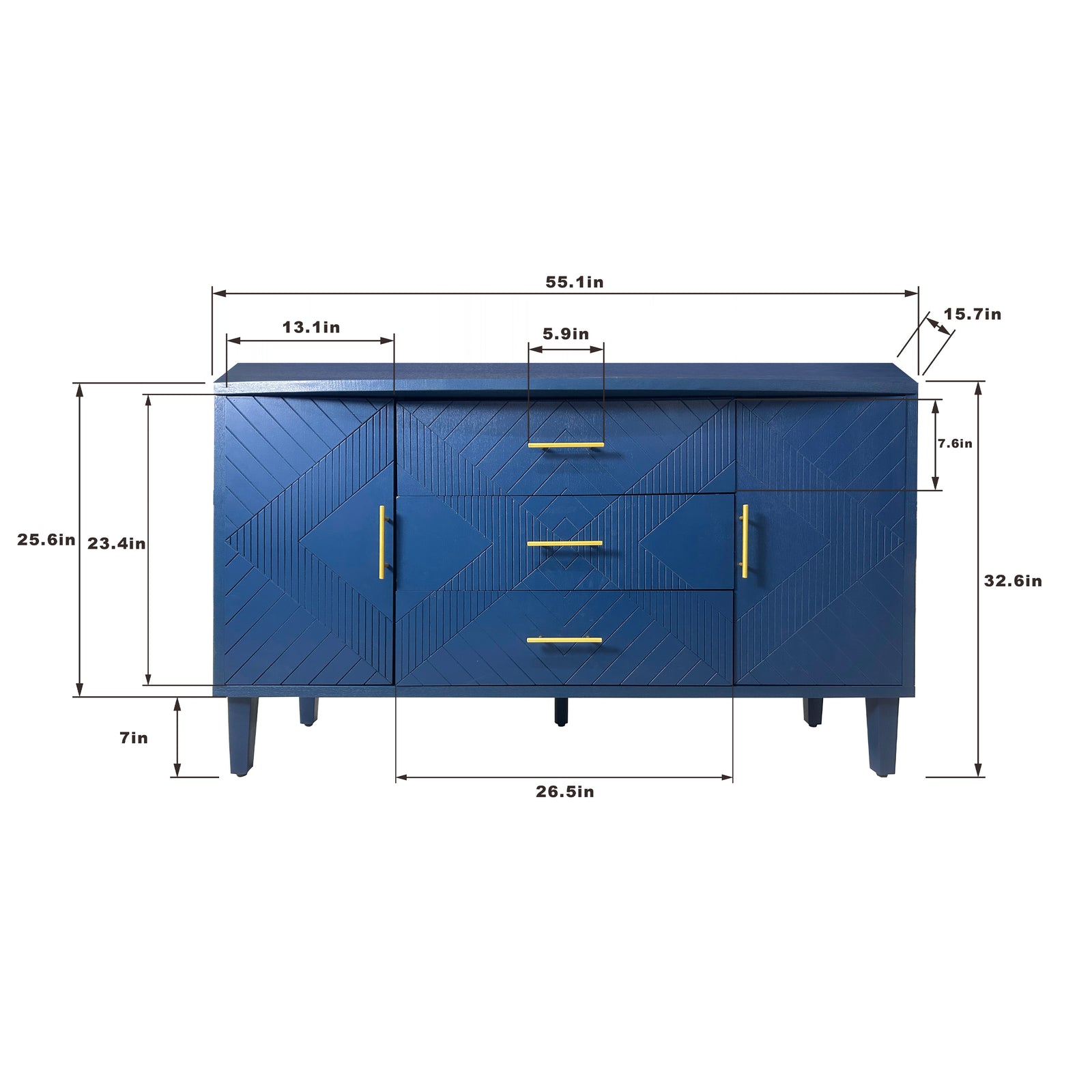 Nøordka Light Sideboard Default 55" Navy Blue 2-Door Cabinet with 3 Drawers & Geometric Pattern