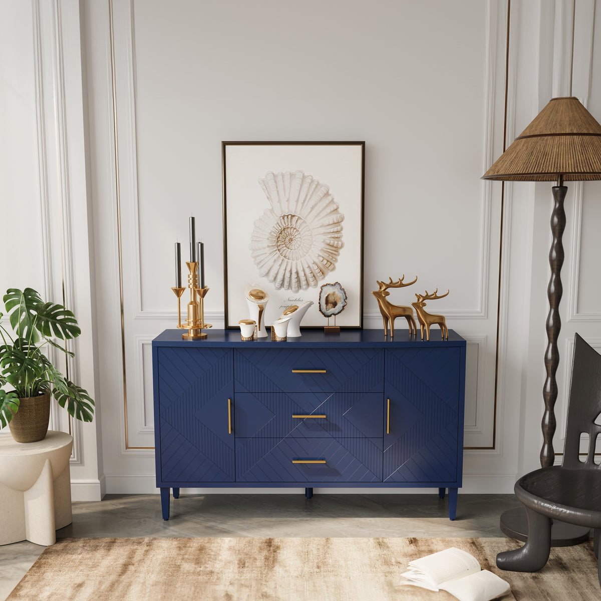 Nøordka Light Sideboard Default 55" Navy Blue 2-Door Cabinet with 3 Drawers &amp; Geometric Pattern