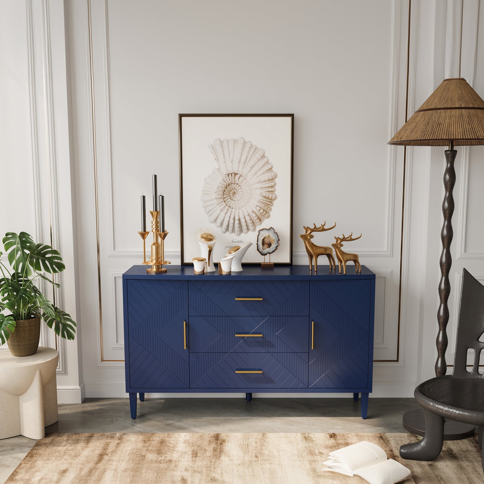 Nøordka Light Sideboard Default 55" Navy Blue 2-Door Cabinet with 3 Drawers & Geometric Pattern