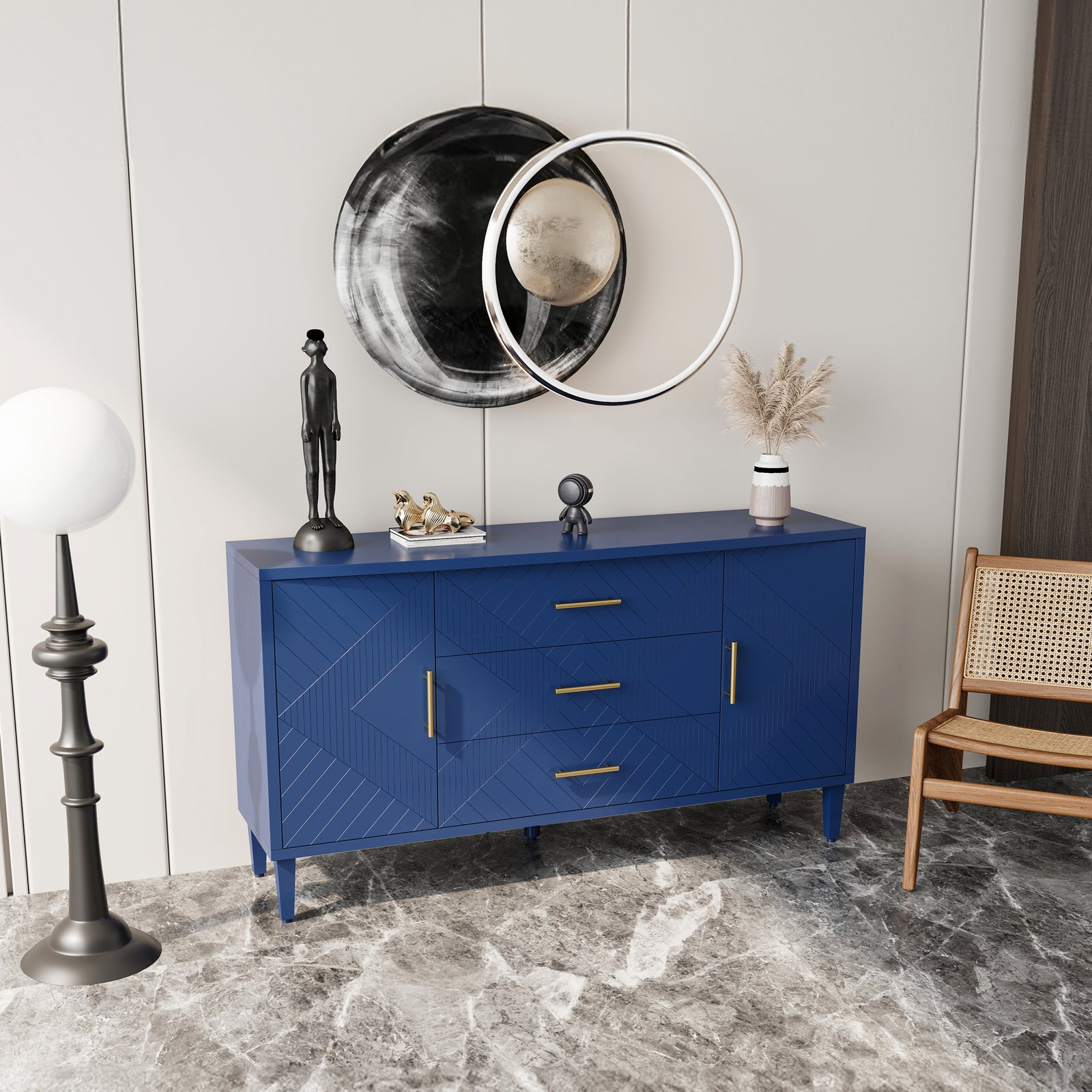 Nøordka Light Sideboard Default 55" Navy Blue 2-Door Cabinet with 3 Drawers & Geometric Pattern