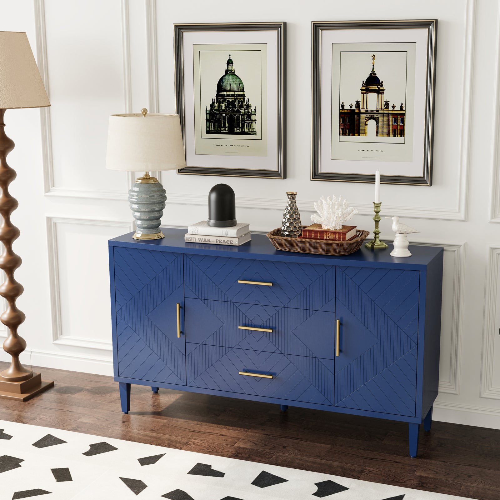 Nøordka Light Sideboard Default 55" Navy Blue 2-Door Cabinet with 3 Drawers & Geometric Pattern