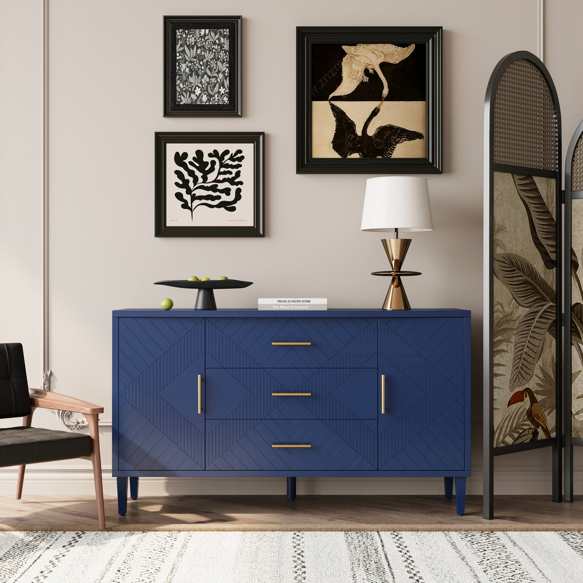 Nøordka Light Sideboard Default 55" Navy Blue 2-Door Cabinet with 3 Drawers &amp; Geometric Pattern