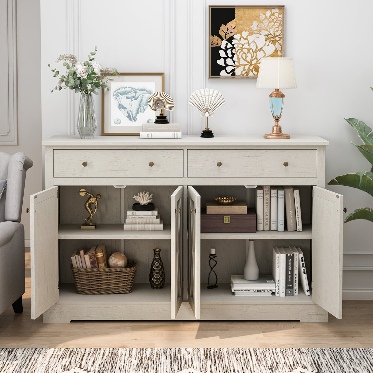Nøordka Light Sideboard Default 55" White Vintage Sideboard with Farmhouse Style