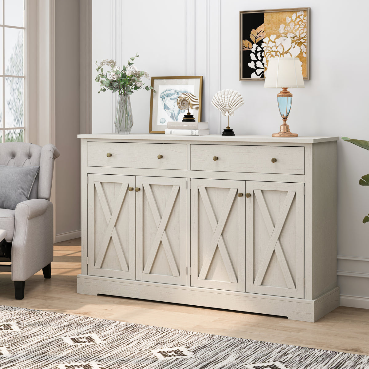 Nøordka Light Sideboard Default 55" White Vintage Sideboard with Farmhouse Style