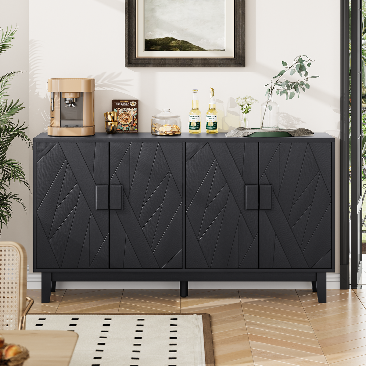 Nøordka Light Sideboard Default 56" Black Mid Century Modern Buffet Cabinet With Adjustable Shelving