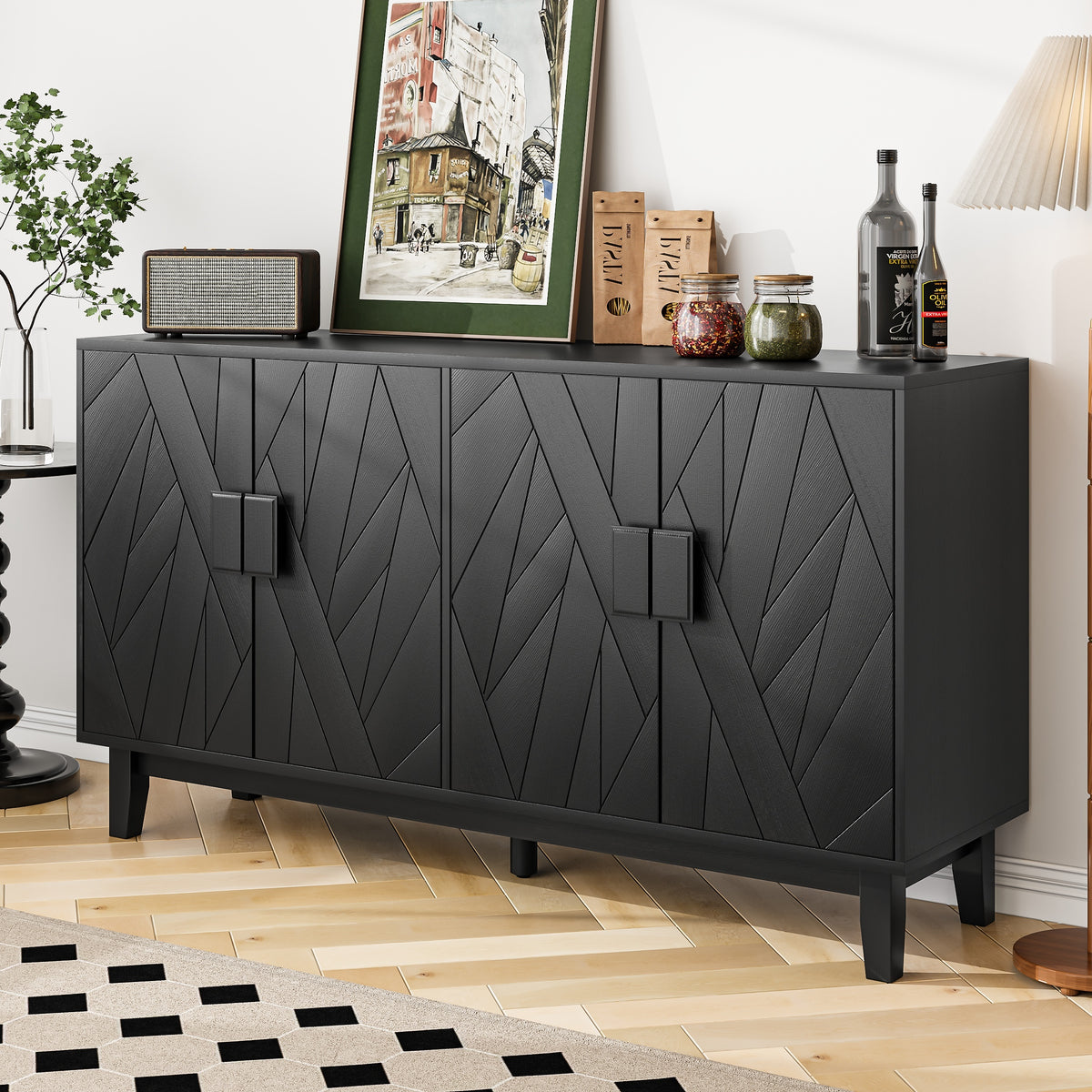 Nøordka Light Sideboard Default 56" Black Mid Century Modern Buffet Cabinet With Adjustable Shelving