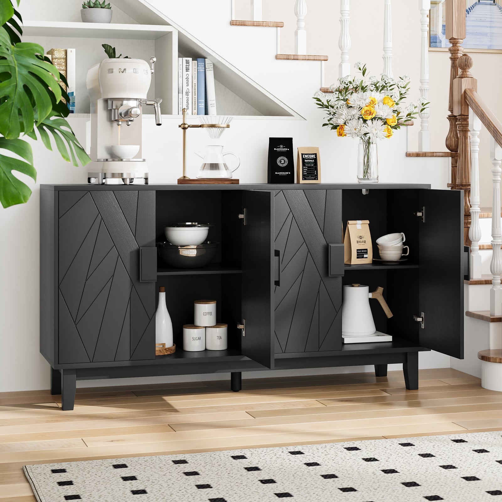 Nøordka Light Sideboard Default 56" Black Mid Century Modern Buffet Cabinet With Adjustable Shelving