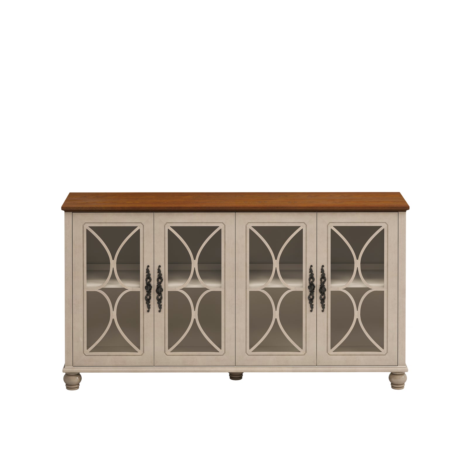 Nøordka Light Sideboard Default 60" Beige Finish Elegant Antique 4-Door Cabinet with Glass Doors