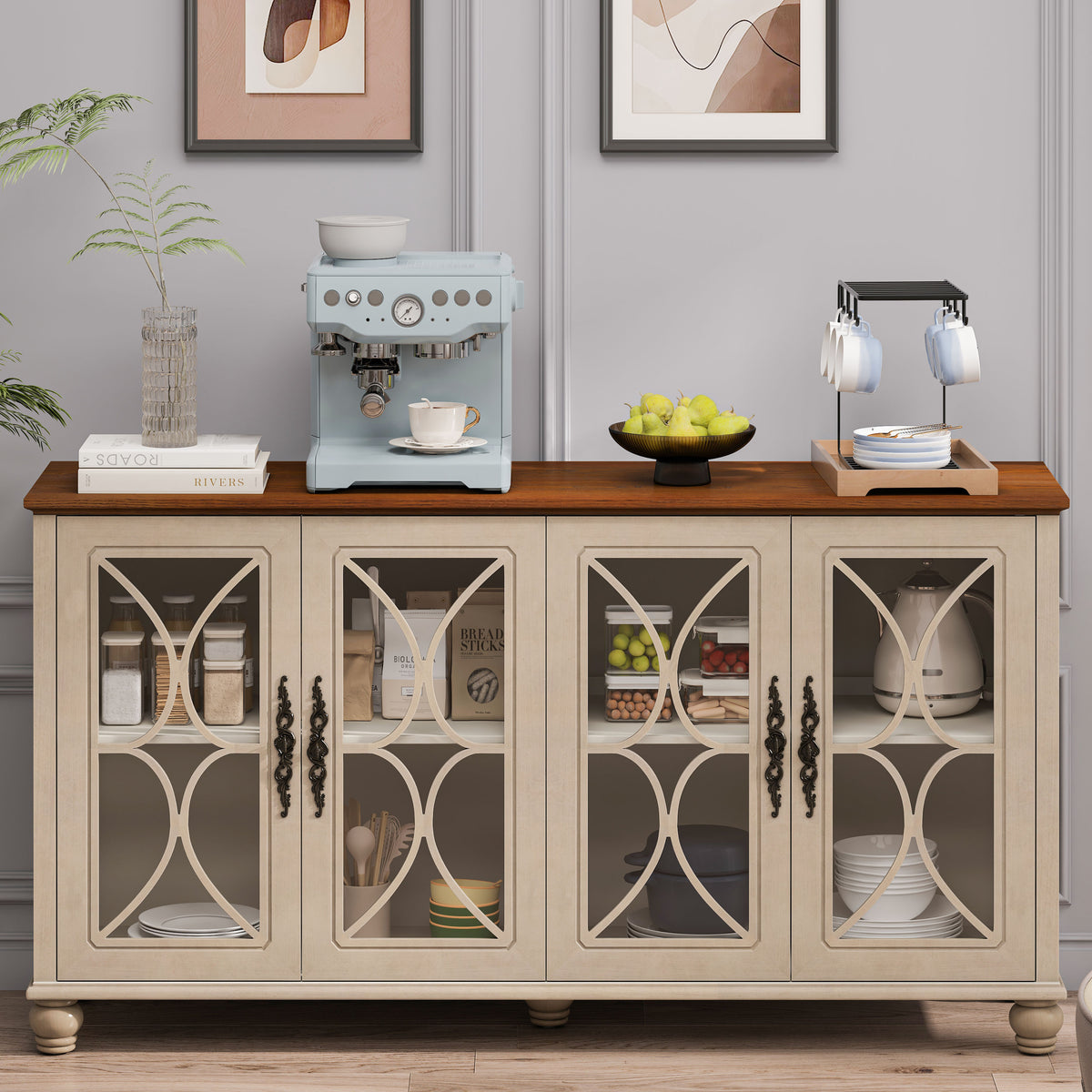 Nøordka Light Sideboard Default 60" Beige Finish Elegant Antique 4-Door Cabinet with Glass Doors