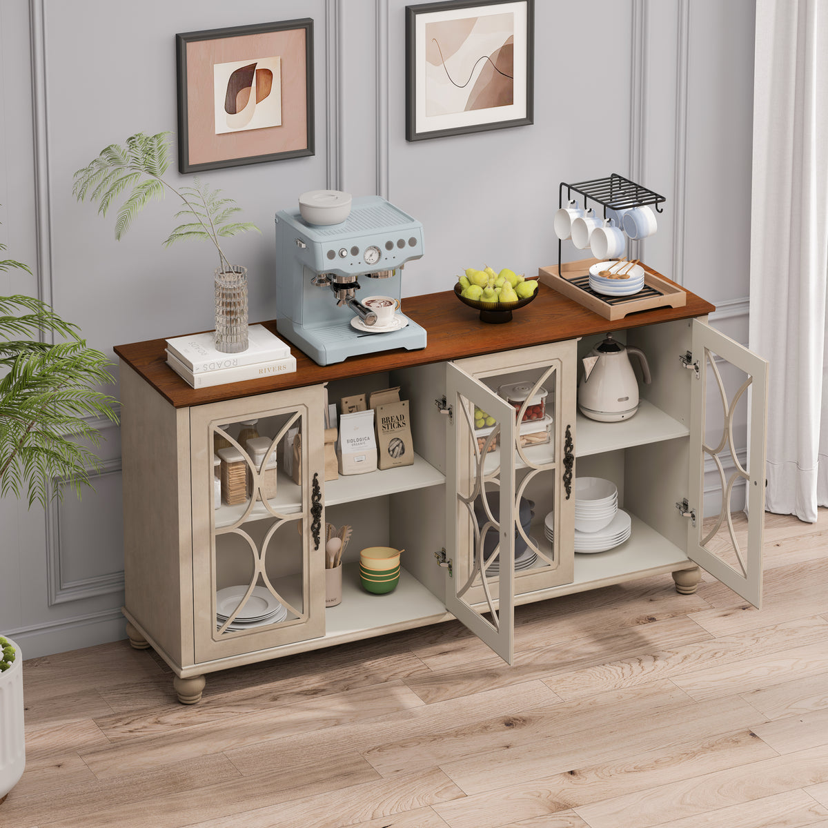 Nøordka Light Sideboard Default 60" Beige Finish Elegant Antique 4-Door Cabinet with Glass Doors