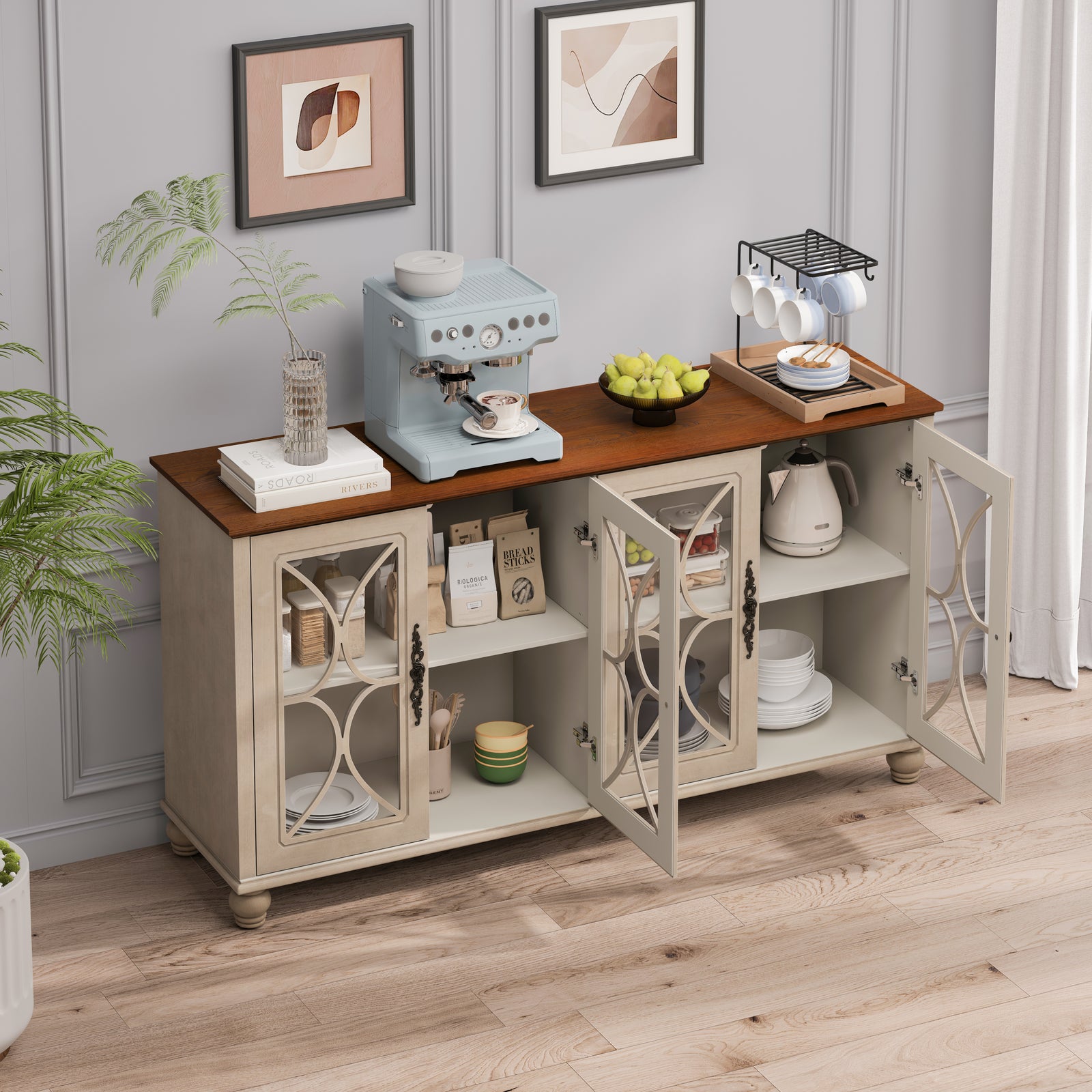 Nøordka Light Sideboard Default 60" Beige Finish Elegant Antique 4-Door Cabinet with Glass Doors