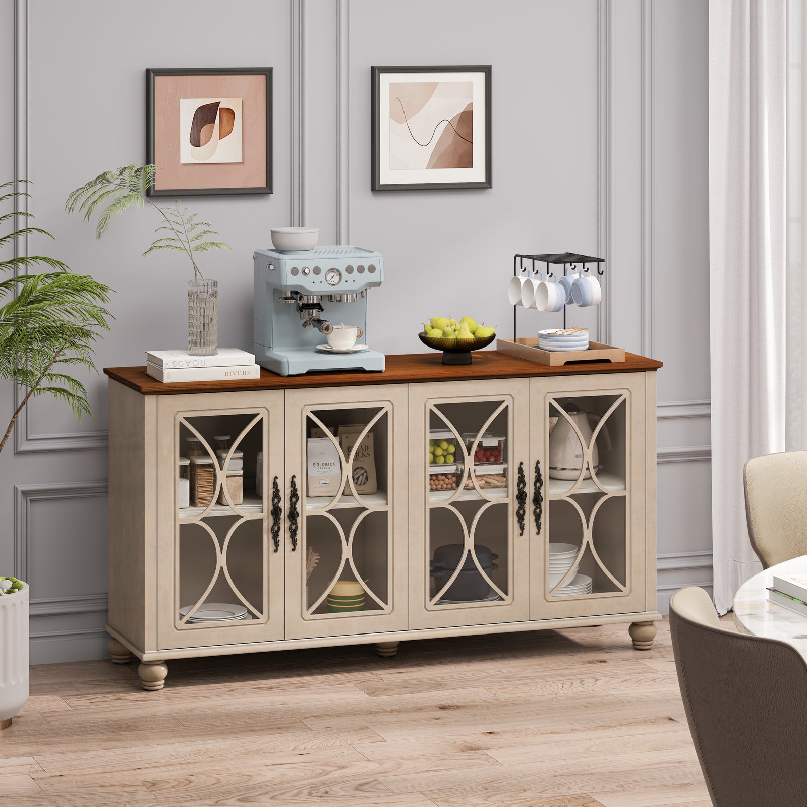 Nøordka Light Sideboard Default 60" Beige Finish Elegant Antique 4-Door Cabinet with Glass Doors
