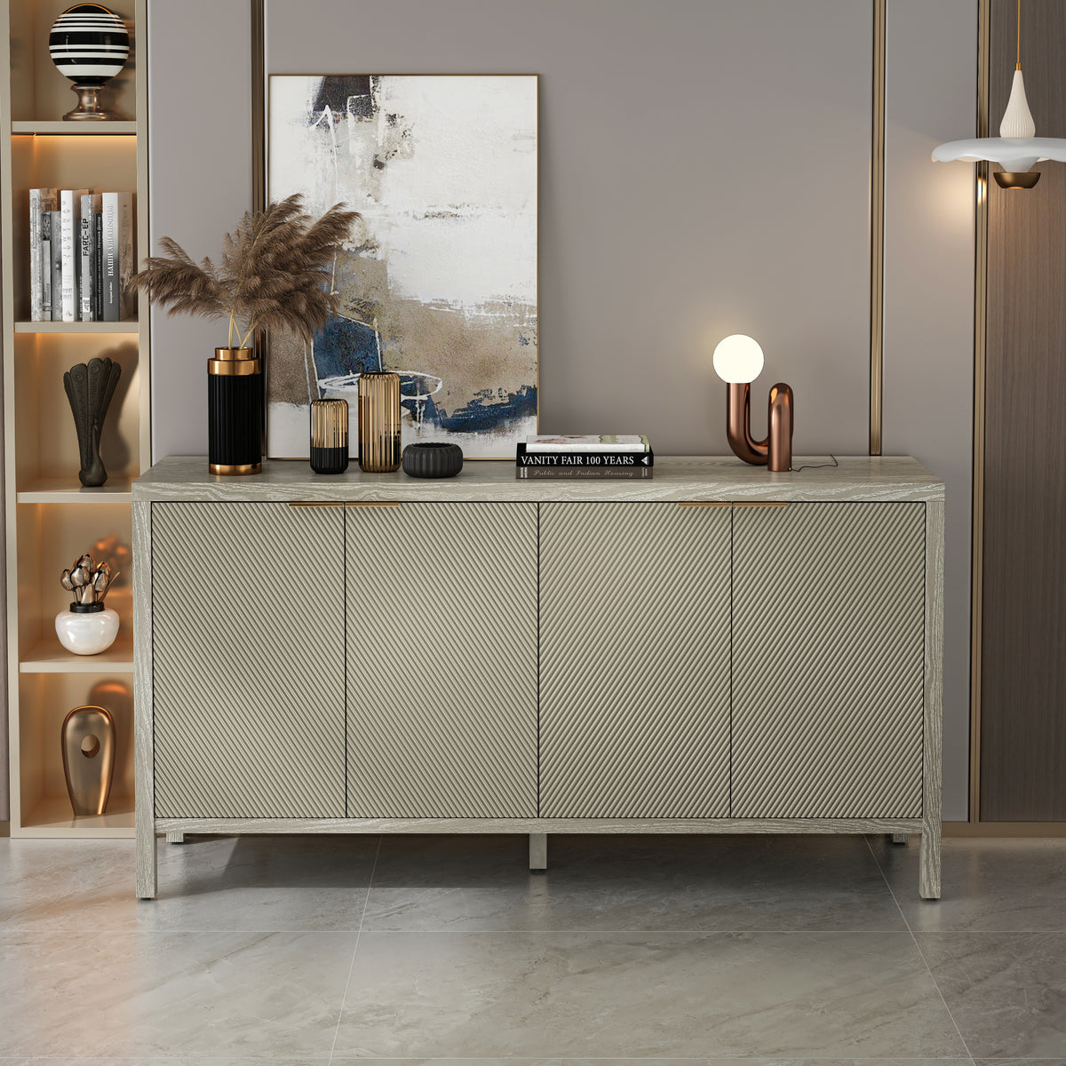 Nøordka Light Sideboard Default 60" Champagne Finish Mid Century Modern Wood Sideboard &amp; Buffet Cabinet