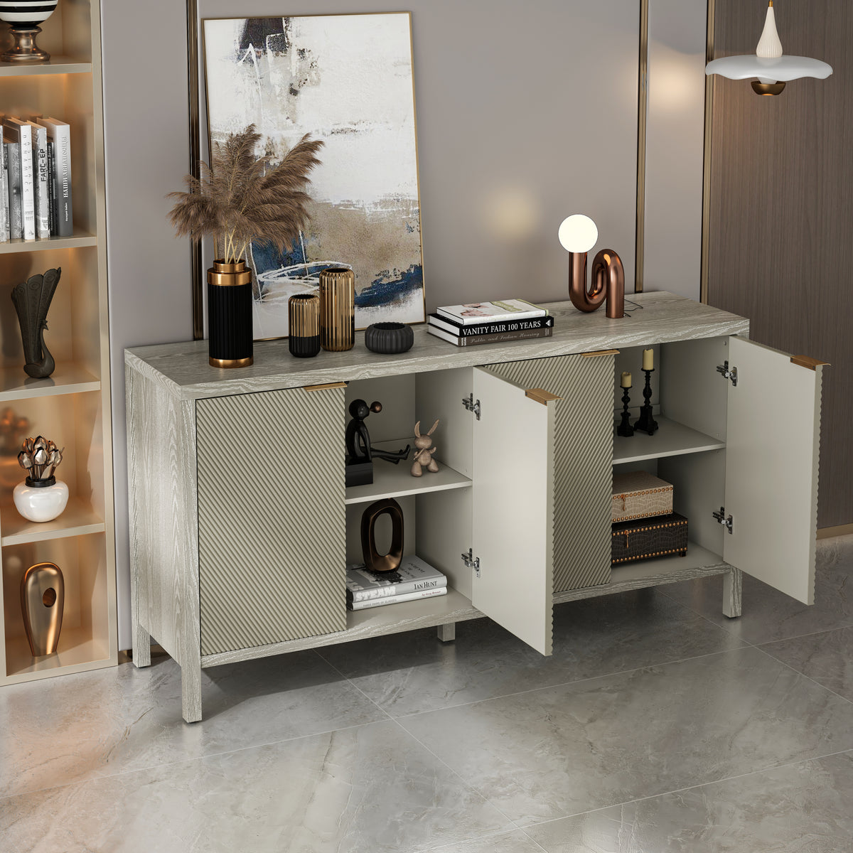 Nøordka Light Sideboard Default 60" Champagne Finish Mid Century Modern Wood Sideboard &amp; Buffet Cabinet