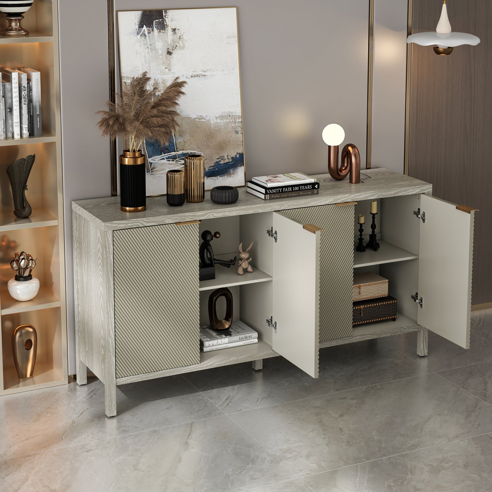 Nøordka Light Sideboard Default 60" Champagne Finish Mid Century Modern Wood Sideboard & Buffet Cabinet