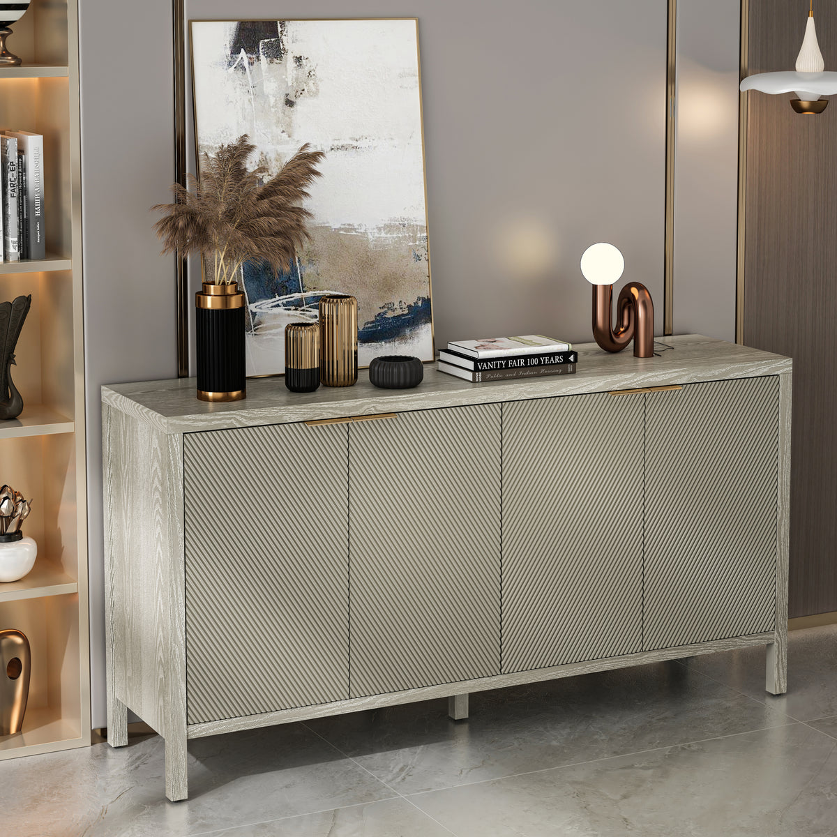 Nøordka Light Sideboard Default 60" Champagne Finish Mid Century Modern Wood Sideboard &amp; Buffet Cabinet