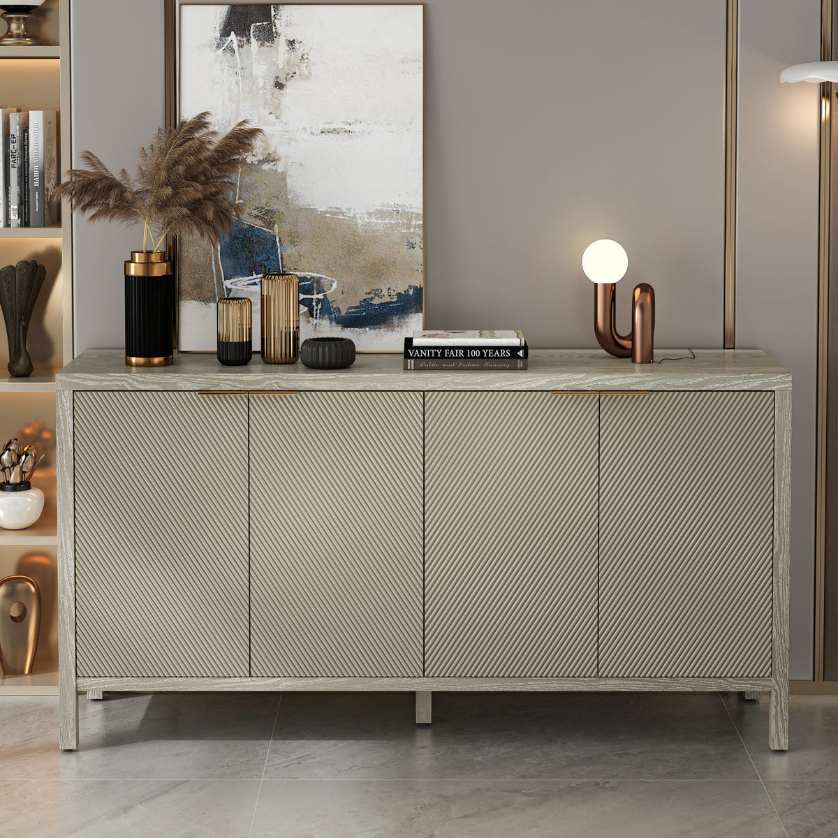 Nøordka Light Sideboard Default 60" Champagne Finish Mid Century Modern Wood Sideboard &amp; Buffet Cabinet