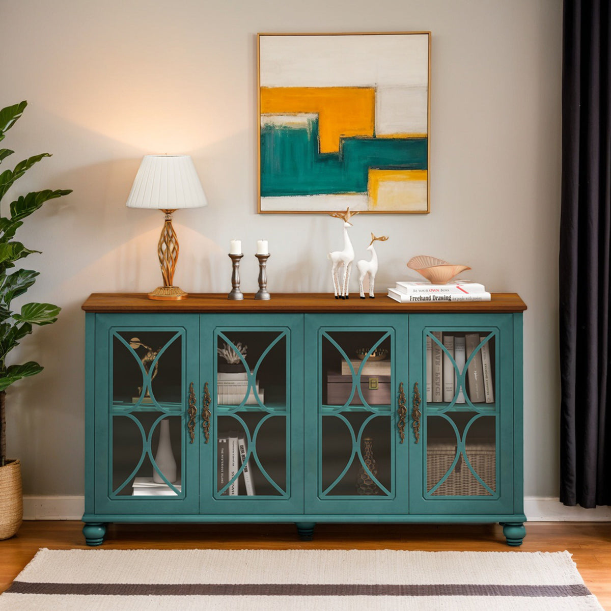 Nøordka Light Sideboard Default 60" Dark Green Elegant Antique 4-Door Cabinet