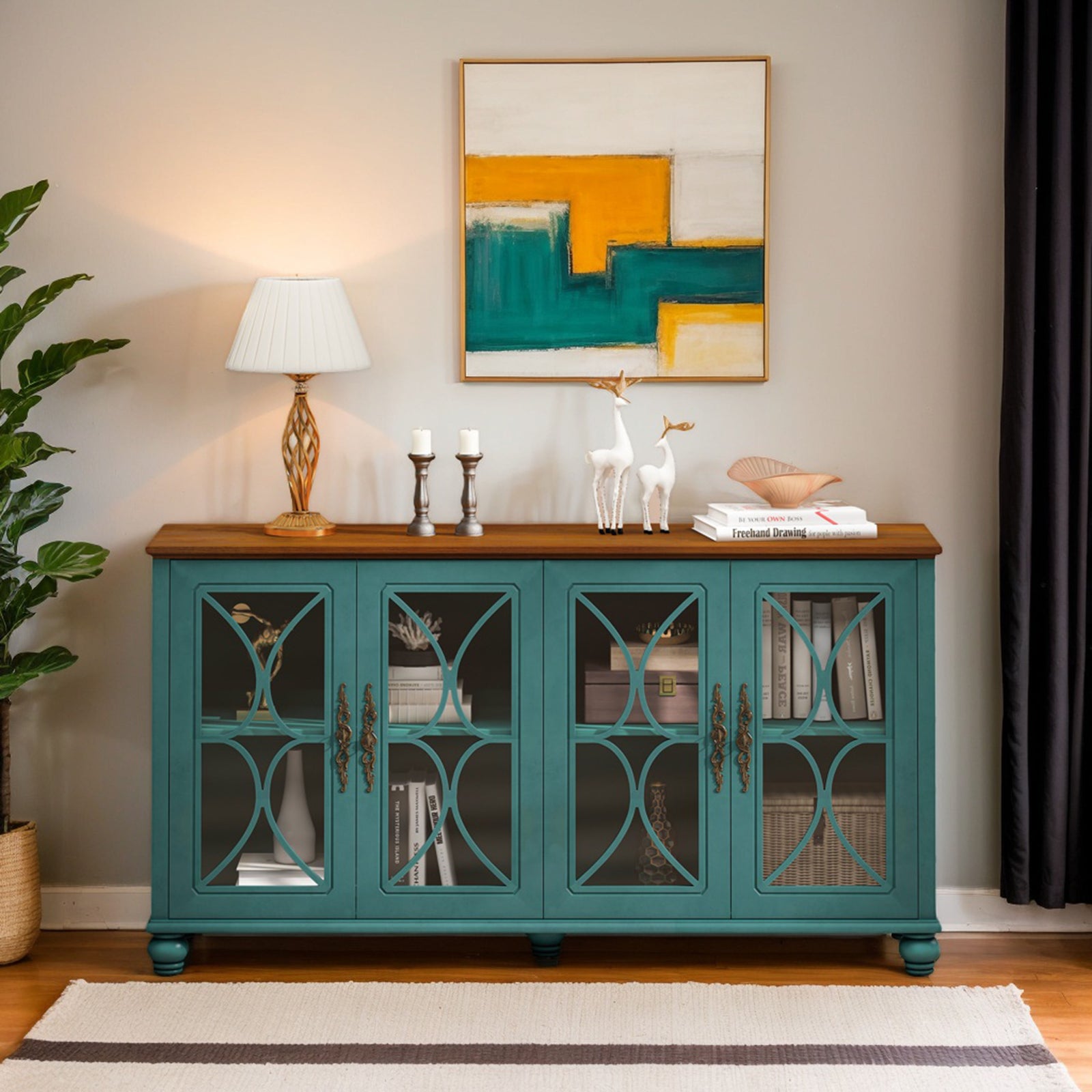 Nøordka Light Sideboard Default 60" Dark Green Elegant Antique 4-Door Cabinet