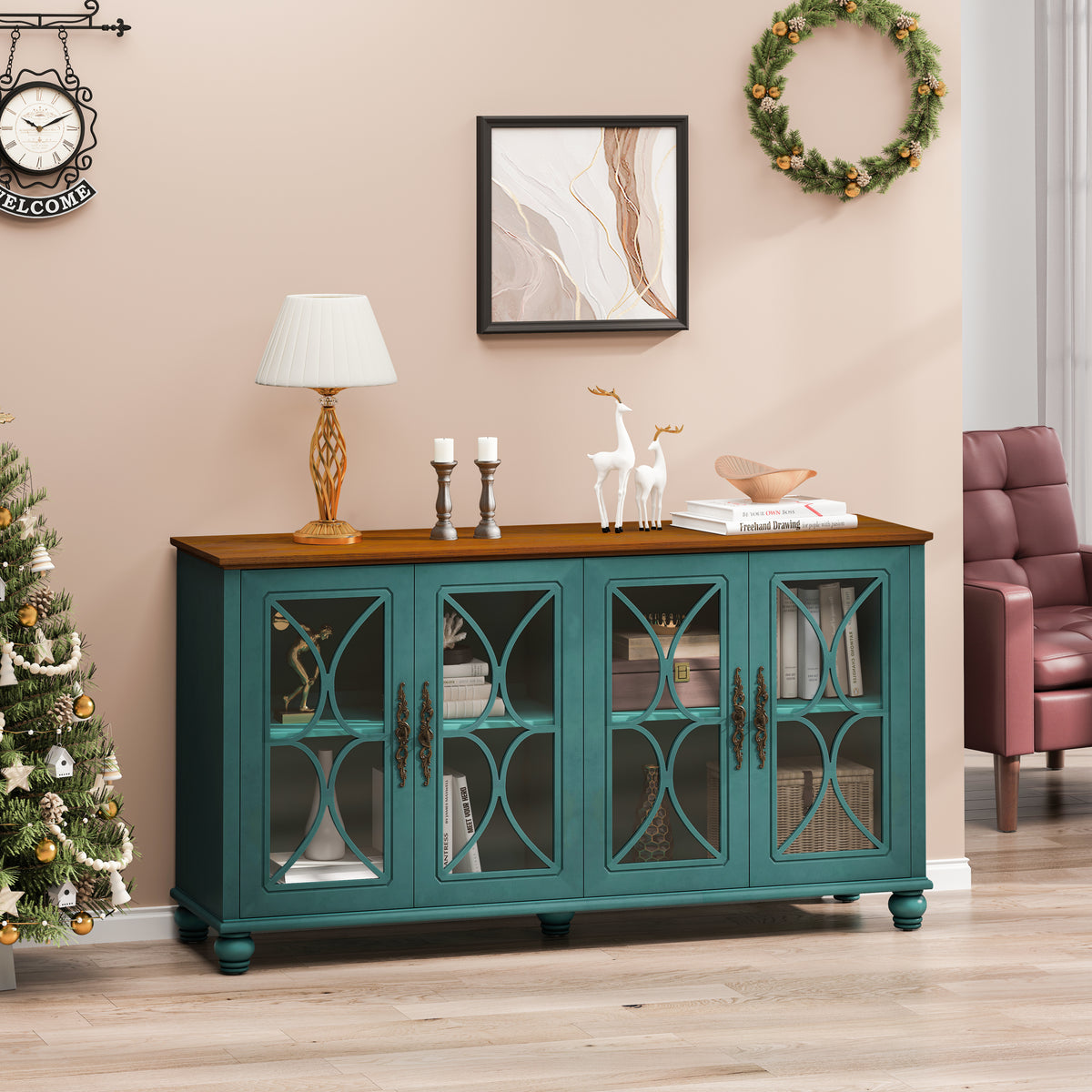 Nøordka Light Sideboard Default 60" Dark Green Elegant Antique 4-Door Cabinet