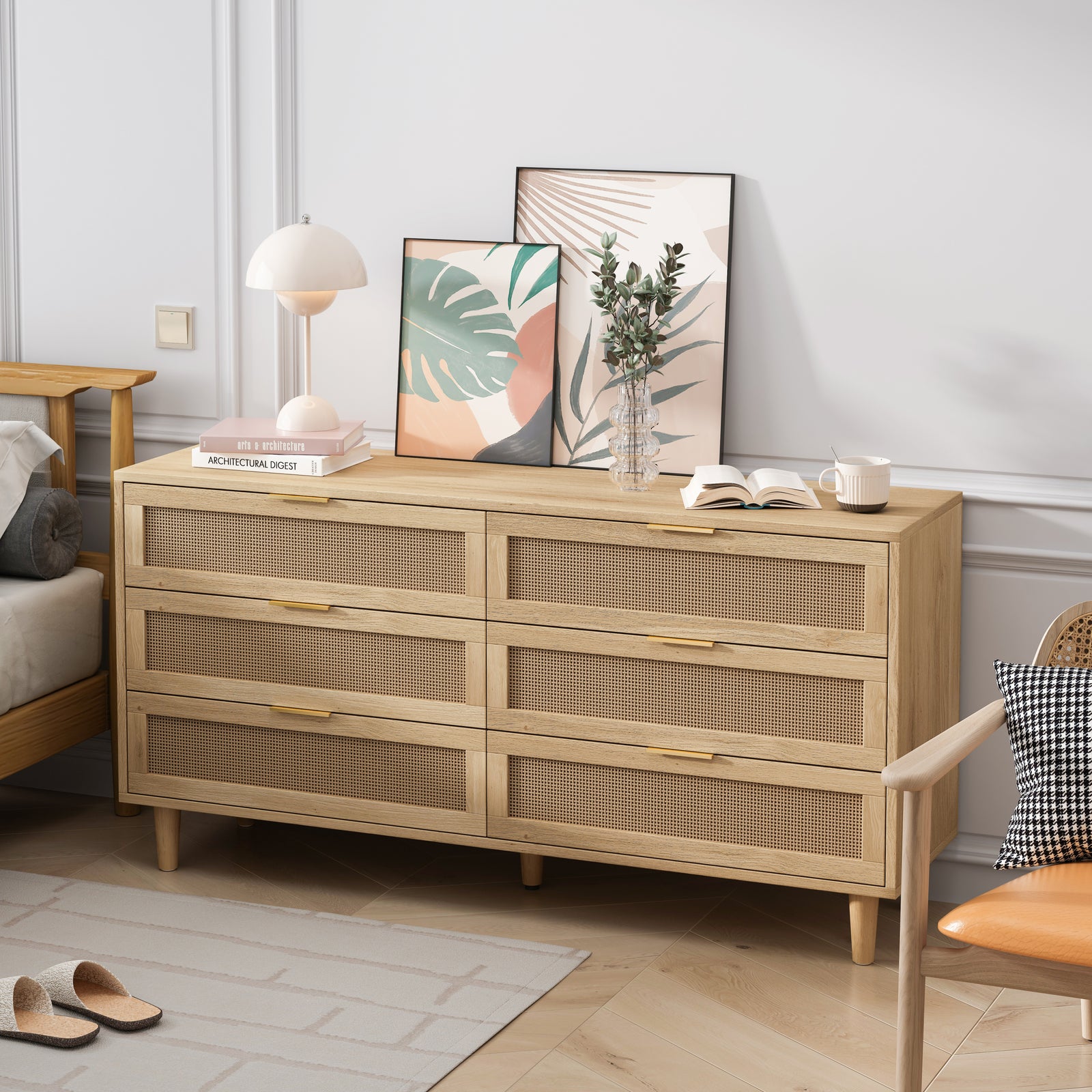 Nøordka Light Sideboard Default 60" Mid Century Modern 6 Drawer Rattan Cabinet