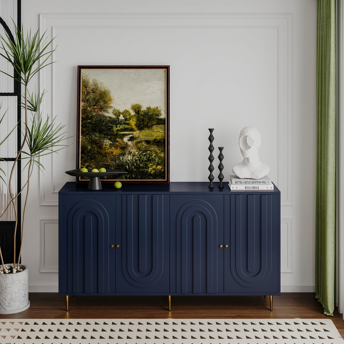 Nøordka Light Sideboard Default 60" Mid Century Modern Blue Lacquered 4 Door Wooden Buffet Cabinet