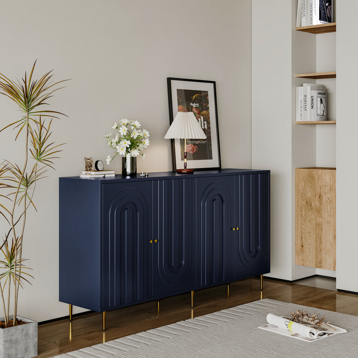 Nøordka Light Sideboard Default 60" Mid Century Modern Blue Lacquered 4 Door Wooden Buffet Cabinet