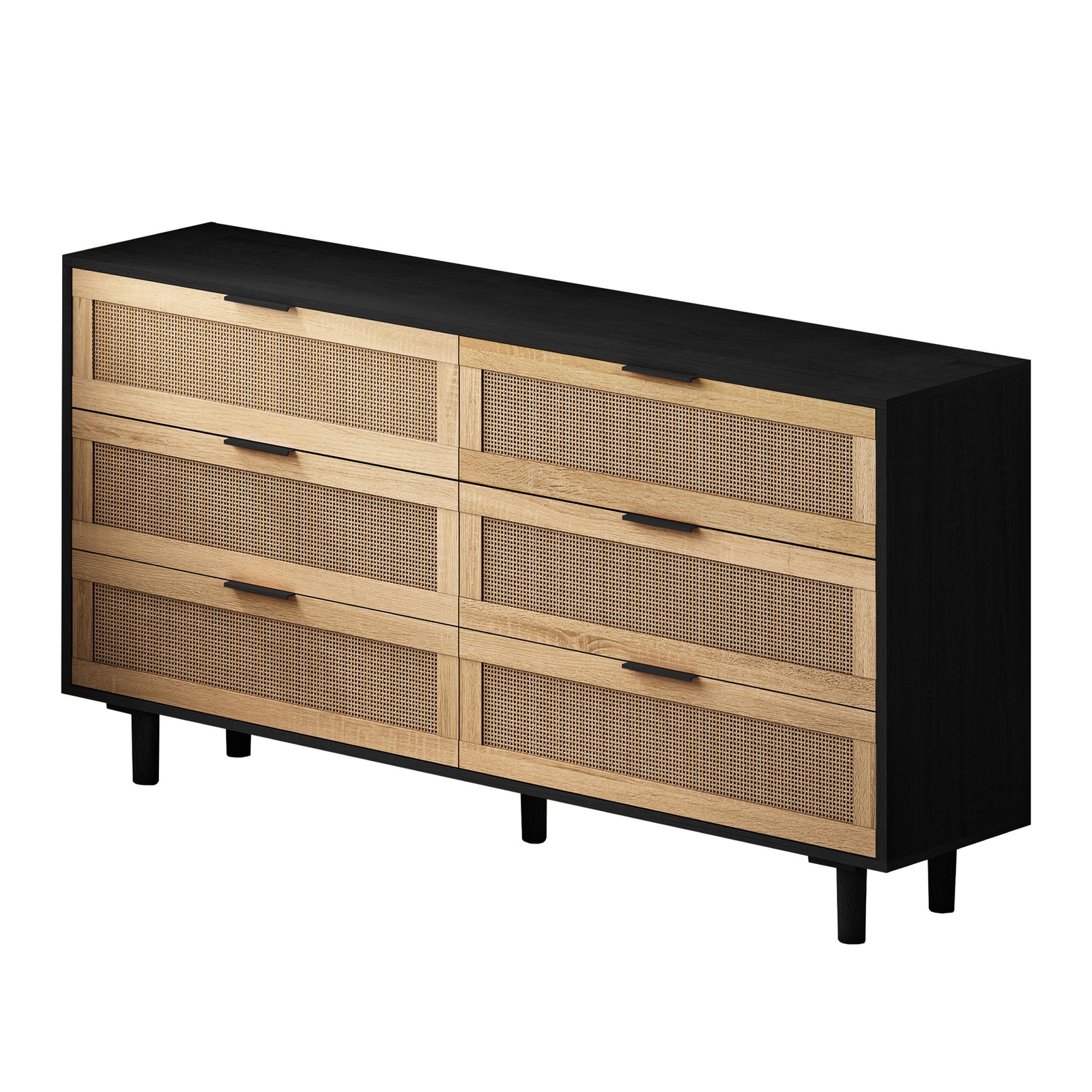 Nøordka Light Sideboard Default 60" Mid Century Modern Rattan Six Drawer Storage Cabinet With Black Accents