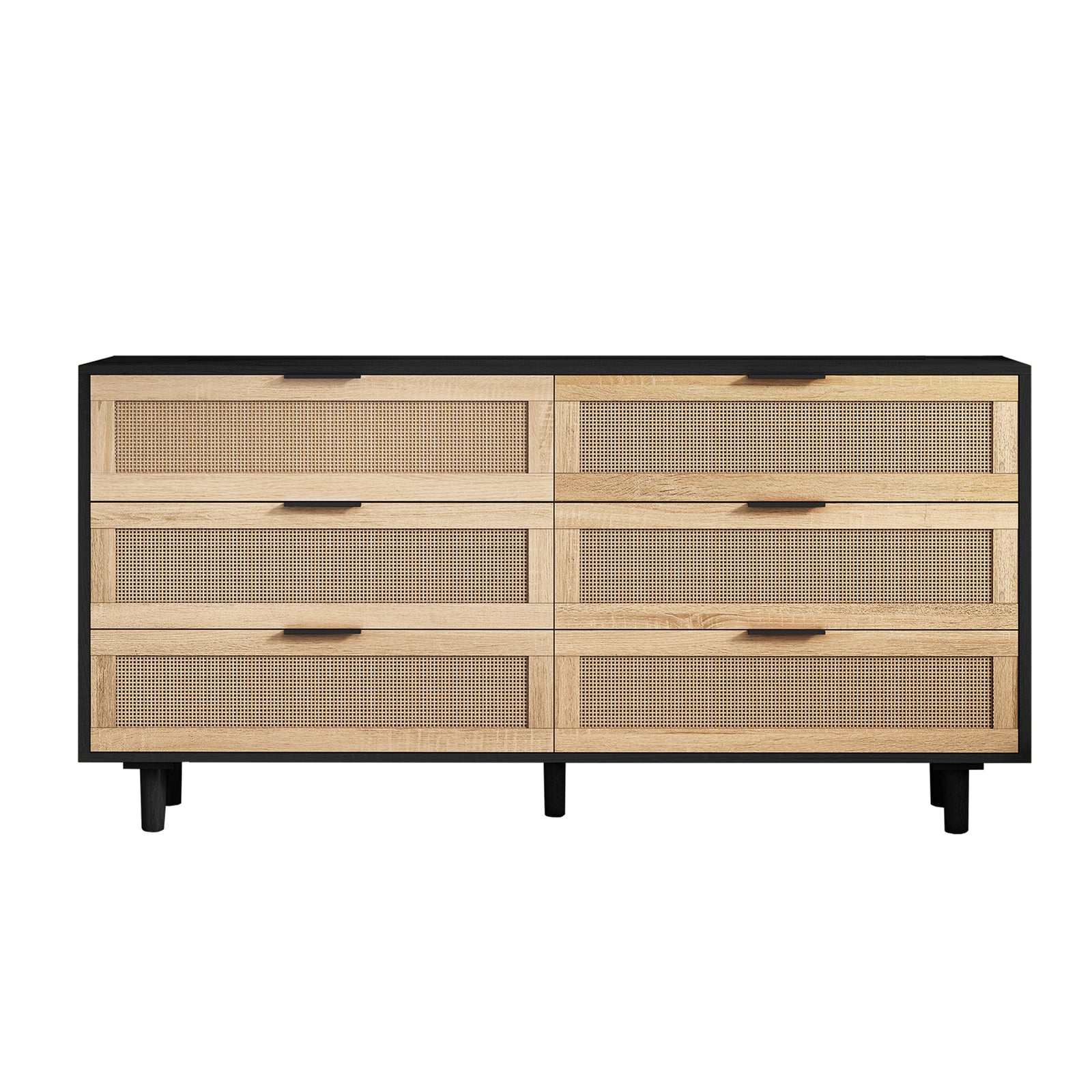 Nøordka Light Sideboard Default 60" Mid Century Modern Rattan Six Drawer Storage Cabinet With Black Accents