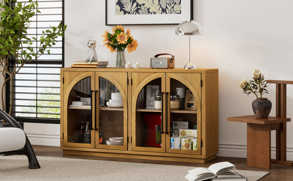 Nøordka Light Sideboard Default 60" Natural Wood 4-Door Buffet Cabinet with Glass Doors &amp; Adjustable Shelves
