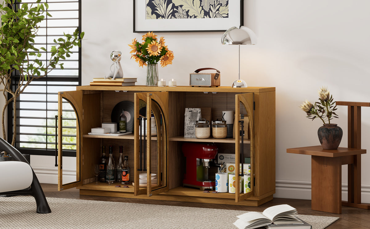 Nøordka Light Sideboard Default 60" Natural Wood 4-Door Buffet Cabinet with Glass Doors &amp; Adjustable Shelves
