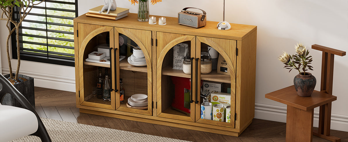 Nøordka Light Sideboard Default 60" Natural Wood 4-Door Buffet Cabinet with Glass Doors &amp; Adjustable Shelves