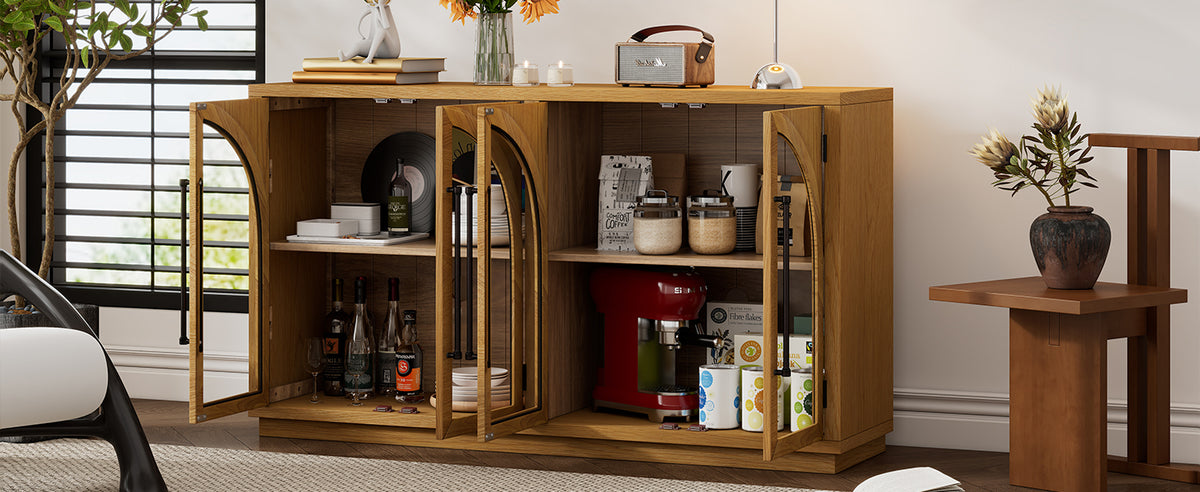 Nøordka Light Sideboard Default 60" Natural Wood 4-Door Buffet Cabinet with Glass Doors &amp; Adjustable Shelves