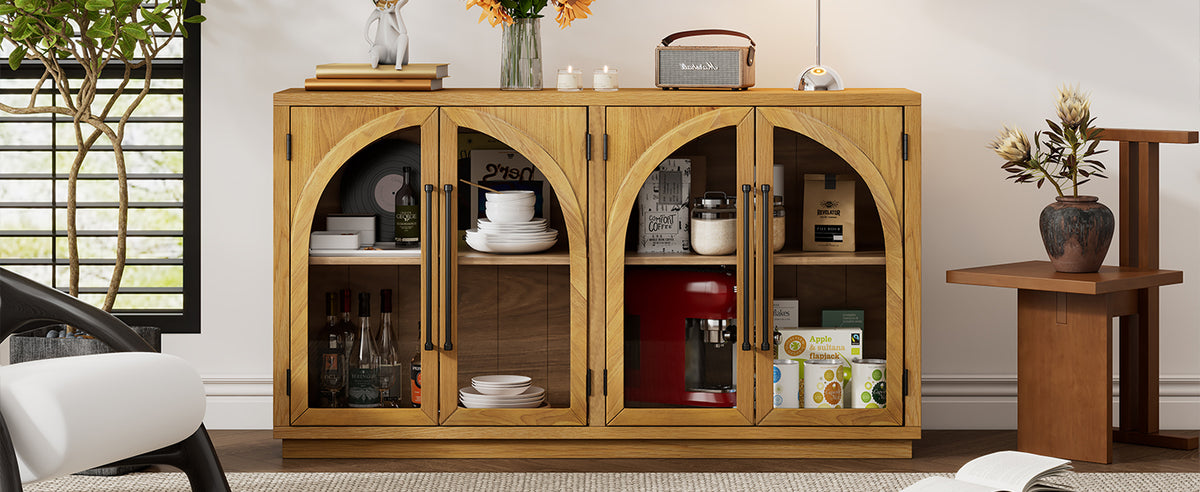 Nøordka Light Sideboard Default 60" Natural Wood 4-Door Buffet Cabinet with Glass Doors &amp; Adjustable Shelves