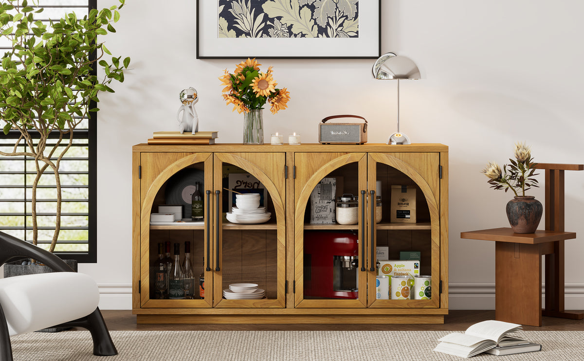 Nøordka Light Sideboard Default 60" Natural Wood 4-Door Buffet Cabinet with Glass Doors &amp; Adjustable Shelves