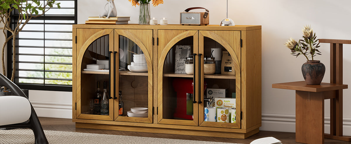 Nøordka Light Sideboard Default 60" Natural Wood 4-Door Buffet Cabinet with Glass Doors &amp; Adjustable Shelves