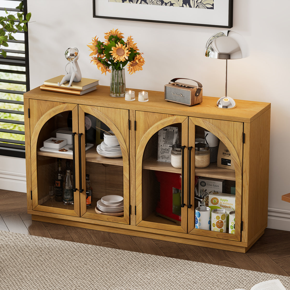 Nøordka Light Sideboard Default 60" Natural Wood 4-Door Buffet Cabinet with Glass Doors &amp; Adjustable Shelves
