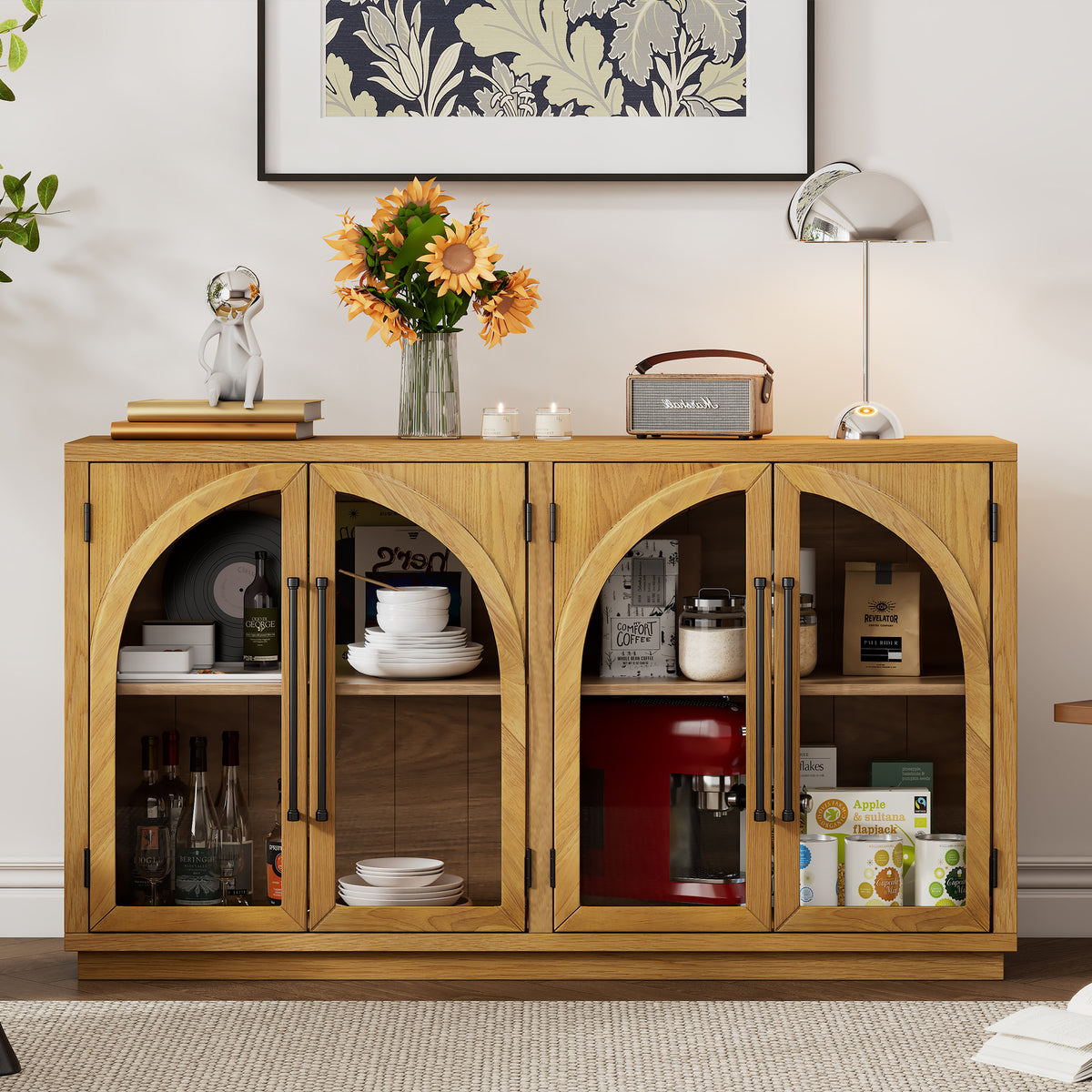 Nøordka Light Sideboard Default 60" Natural Wood 4-Door Buffet Cabinet with Glass Doors &amp; Adjustable Shelves