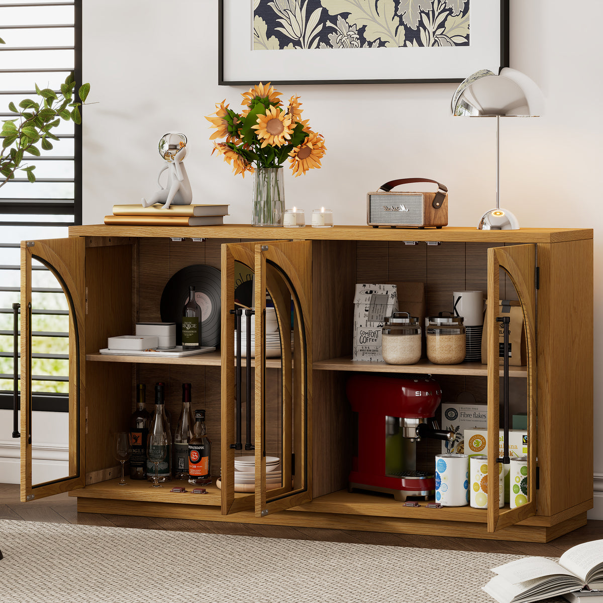 Nøordka Light Sideboard Default 60" Natural Wood 4-Door Buffet Cabinet with Glass Doors &amp; Adjustable Shelves
