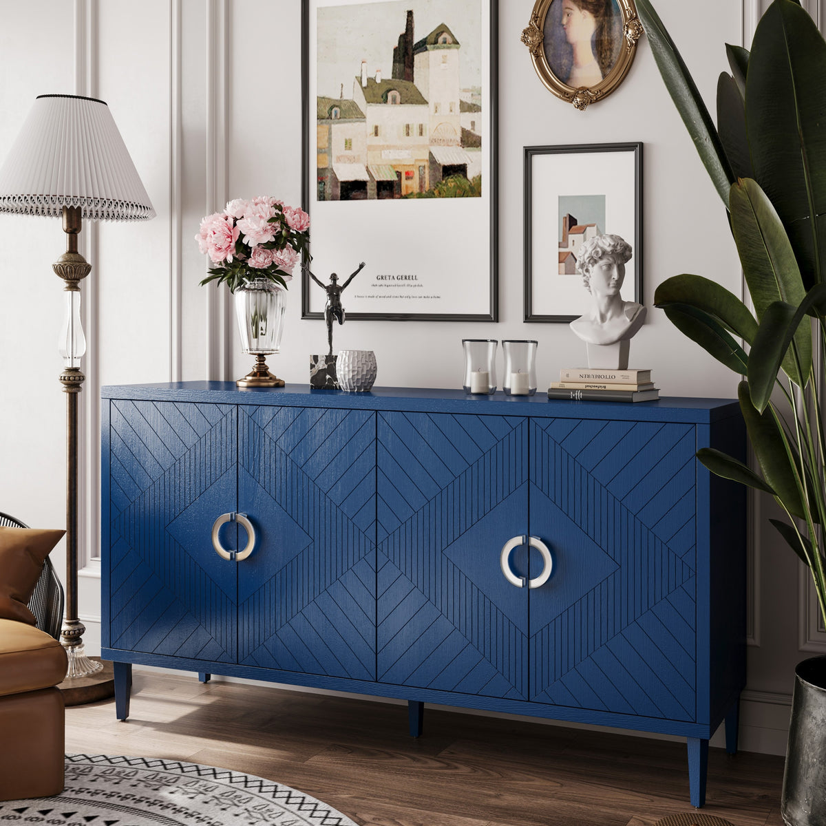 Nøordka Light Sideboard Default 60" Navy Blue Geometric 4-Door Cabinet with Pine Legs
