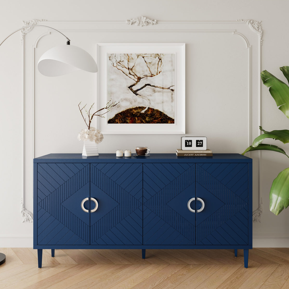 Nøordka Light Sideboard Default 60" Navy Blue Geometric 4-Door Cabinet with Pine Legs