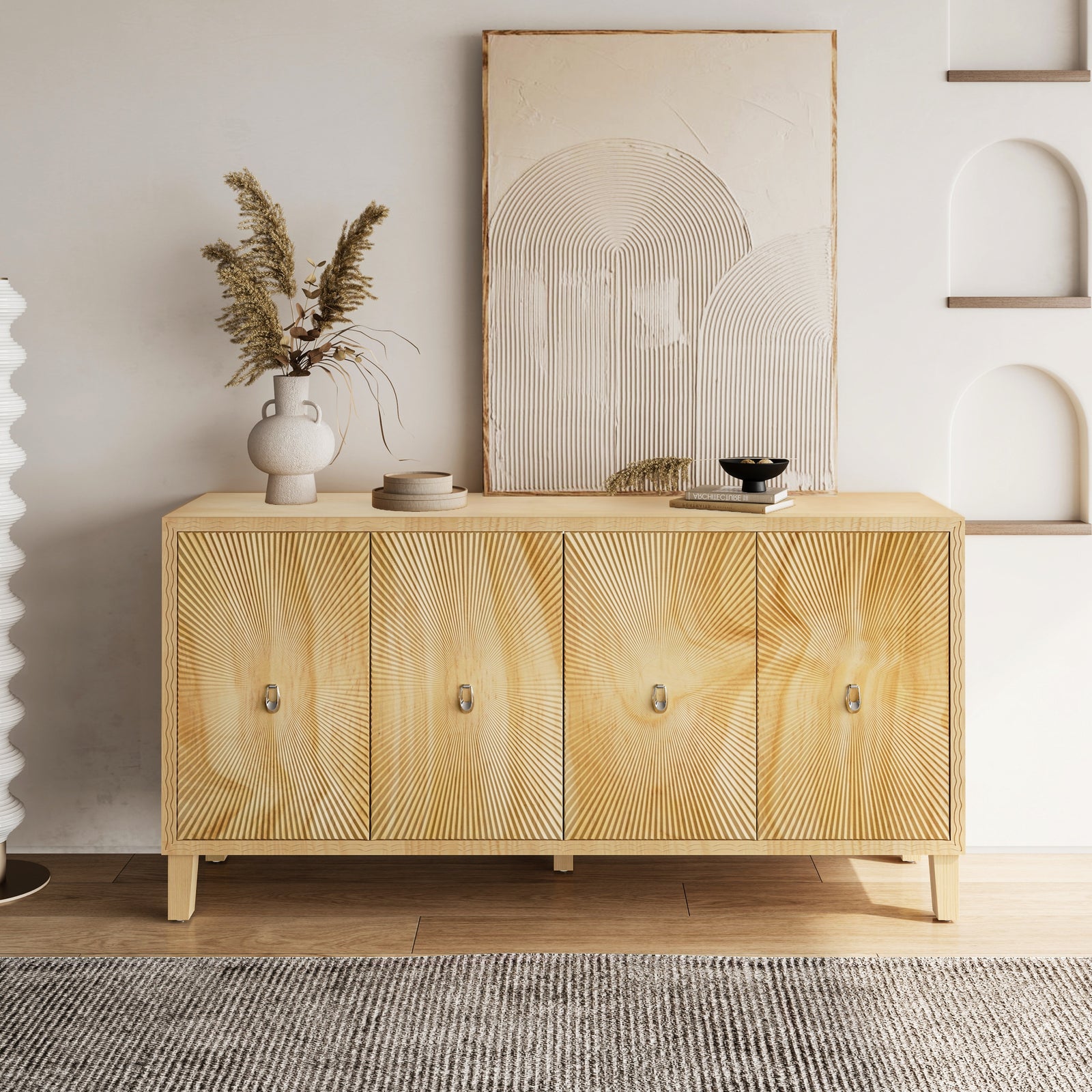 Nøordka Light Sideboard Default 60" Neutral Tone Vintage Carved Storage Cabinet with Adjustable Shelving
