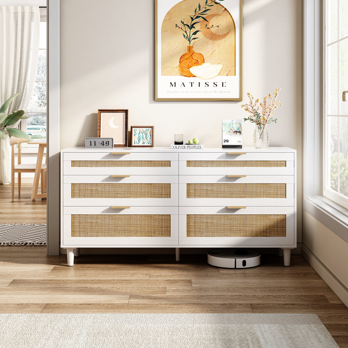 Nøordka Light Sideboard Default 60" Rattan Dresser With Six Drawers with White Accents