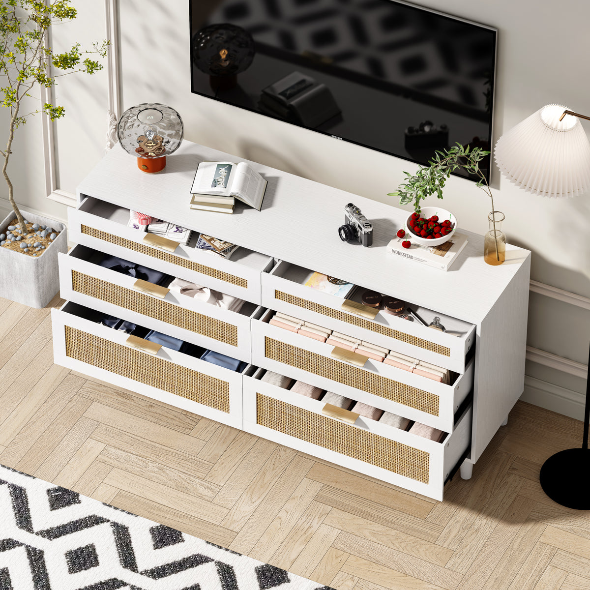 Nøordka Light Sideboard Default 60" Rattan Dresser With Six Drawers with White Accents