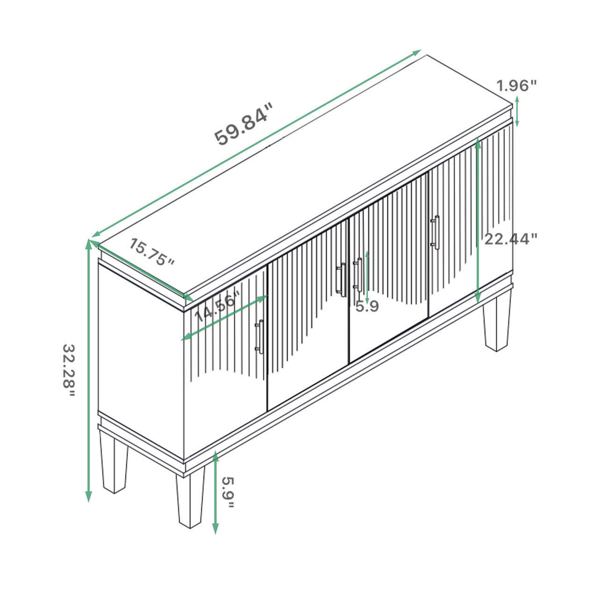 Nøordka Light Sideboard Default 60" Rich Blue Solid Wood 4 Door Cabinet