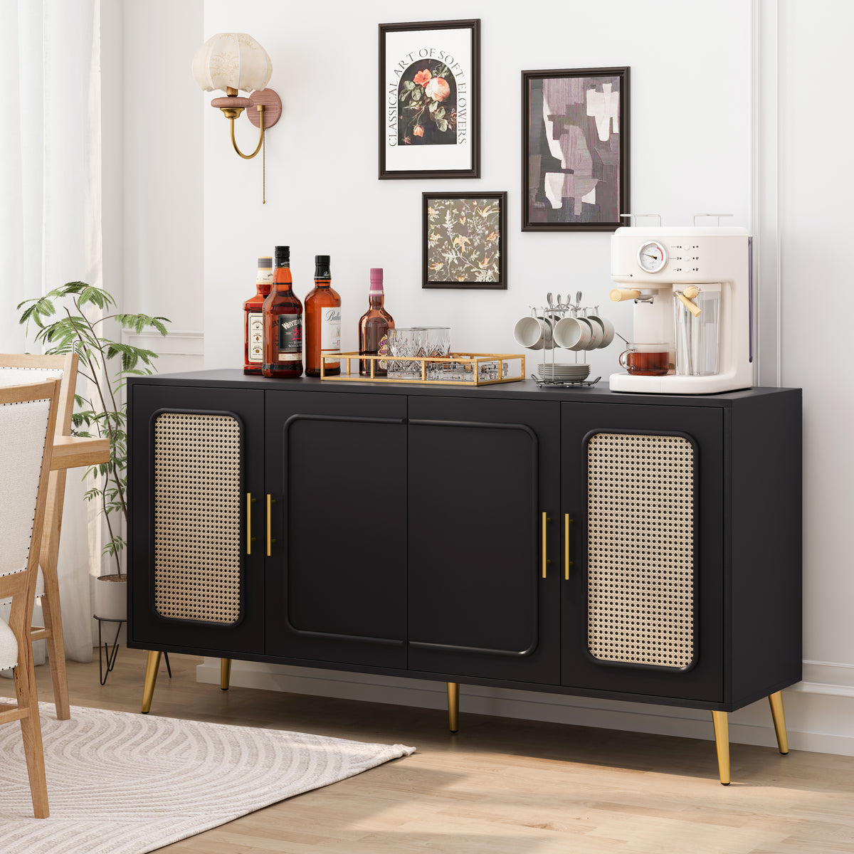 Nøordka Light Sideboard Default 60" Vintage Black Four-Door Cabinet with Meshing