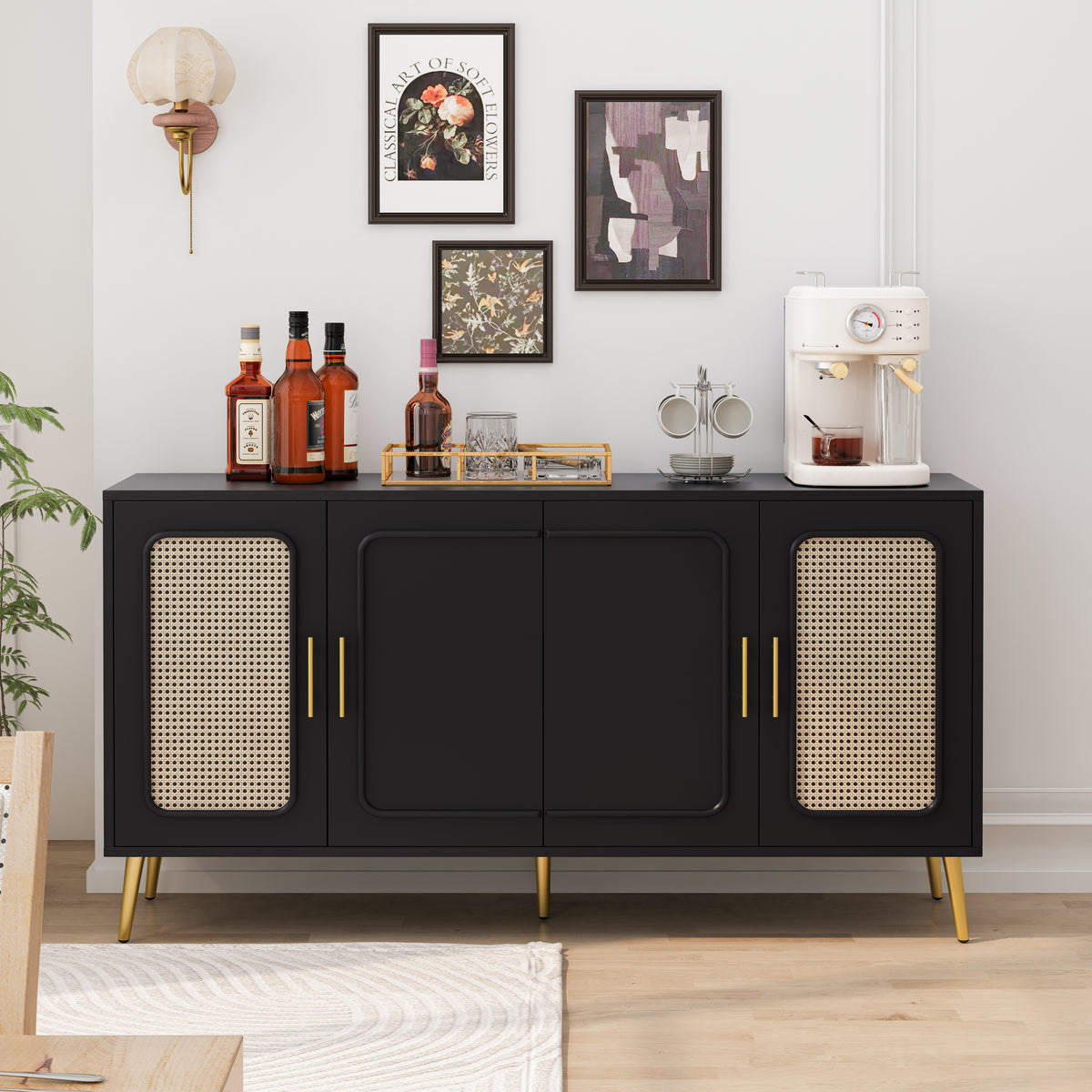 Nøordka Light Sideboard Default 60" Vintage Black Four-Door Cabinet with Meshing