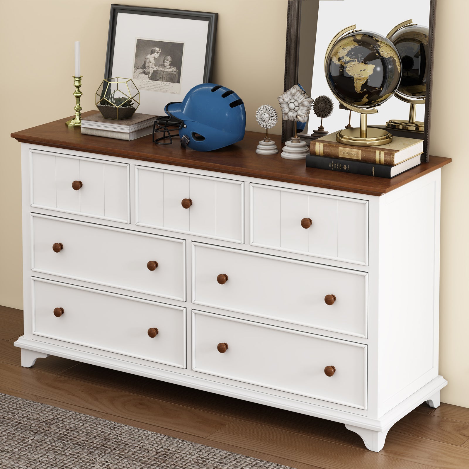 Nøordka Light Sideboard Default 61" White Classic Wooden Seven-Drawer Dresser